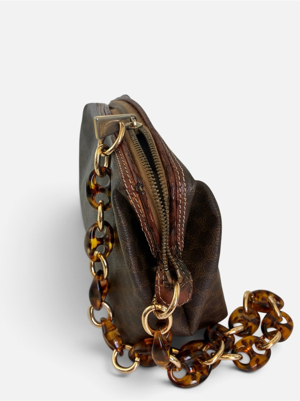 Celine Brown Logo-Print Shoulder Bag with Tortoiseshell Chain - Picture 9 of 11